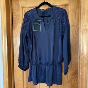 Navy Blue Blouse with lace accent. NWT, Size L,